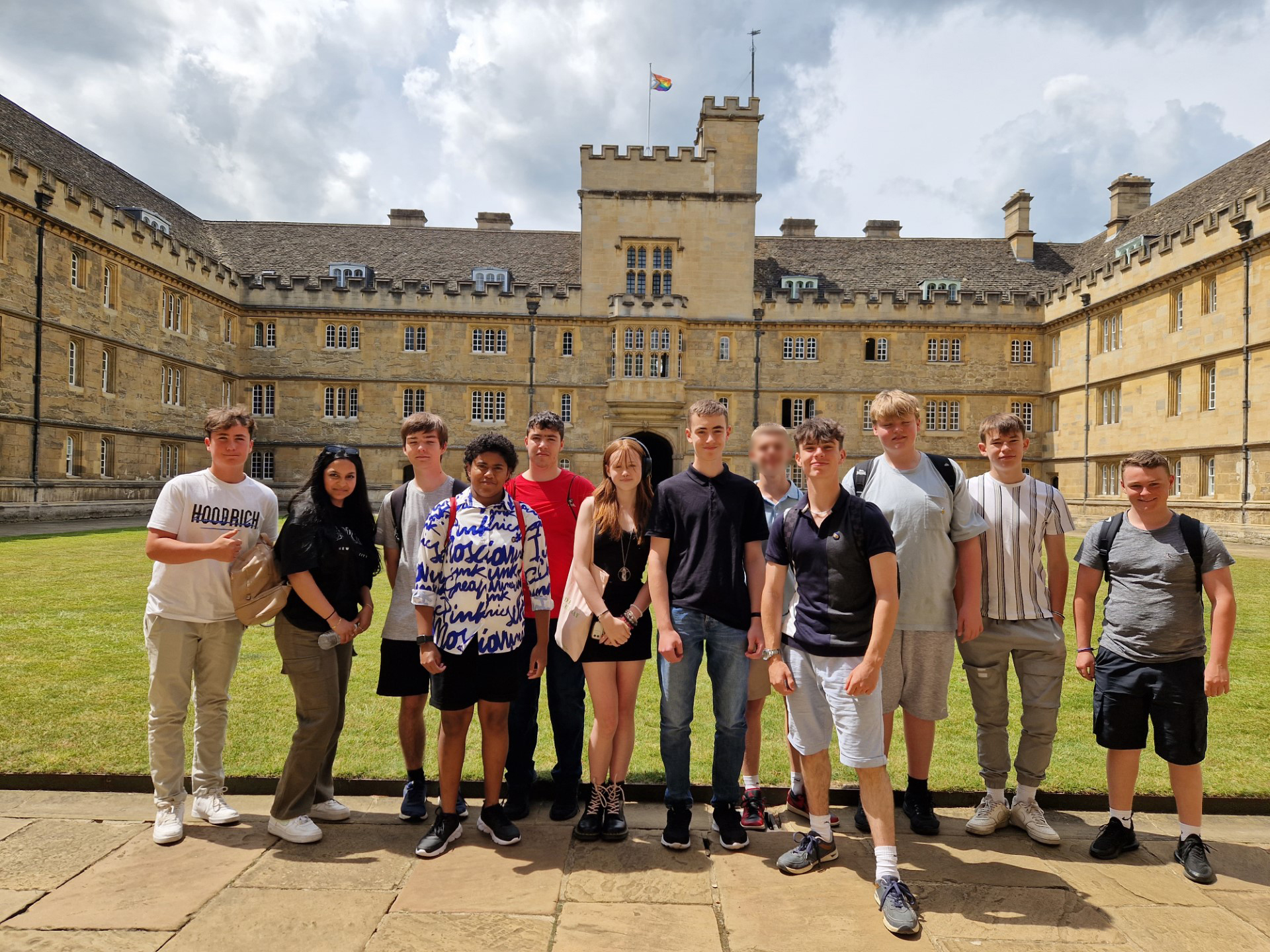 A group photograph of high attaining students out side Wadham College