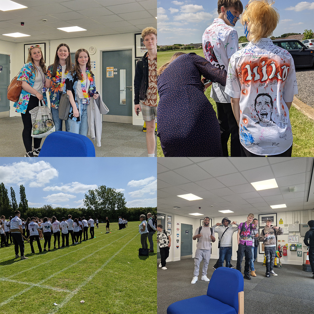 Collage of photos, two group photos of Year 13 wearing Hawaiian shirts, one photo of year 11 tug of war and one photo of Year 11 shirt signing  