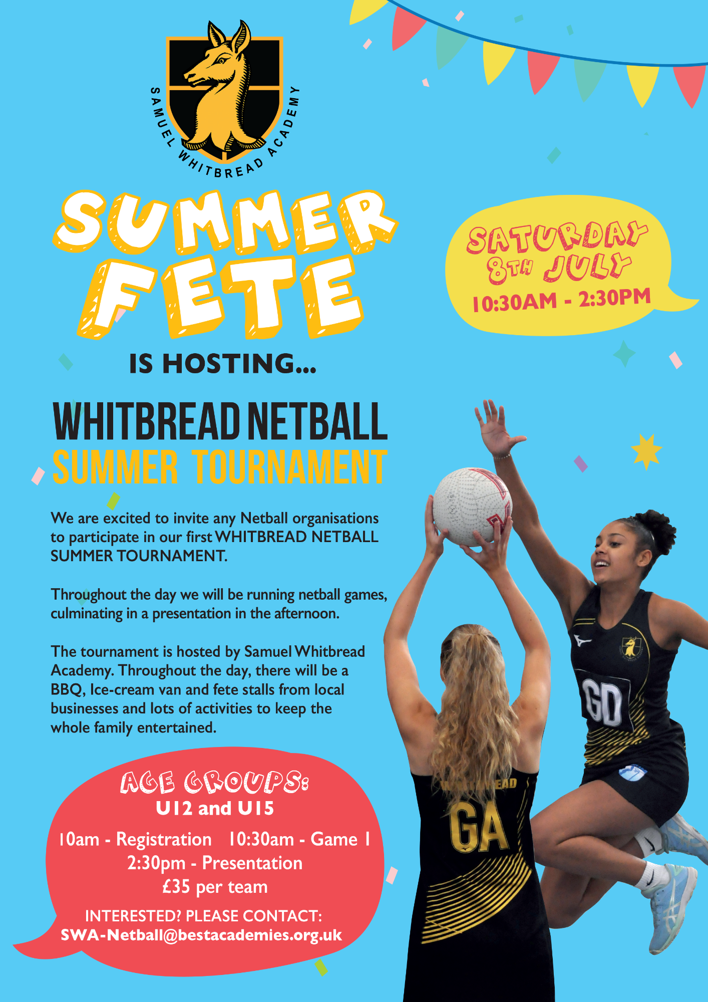 Summer fete, whitbread netball summer tournament poster 