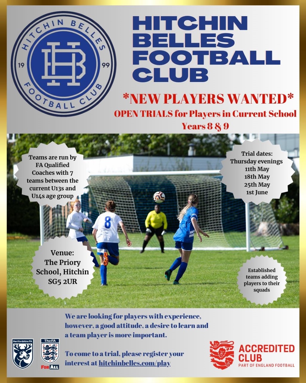 Poster for Hitchin Belles football club, try outs